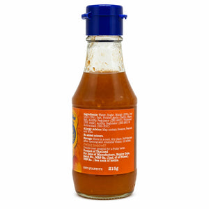 Bottle of mango chili sauce with blue cap and ingredient label, 215g, on white background