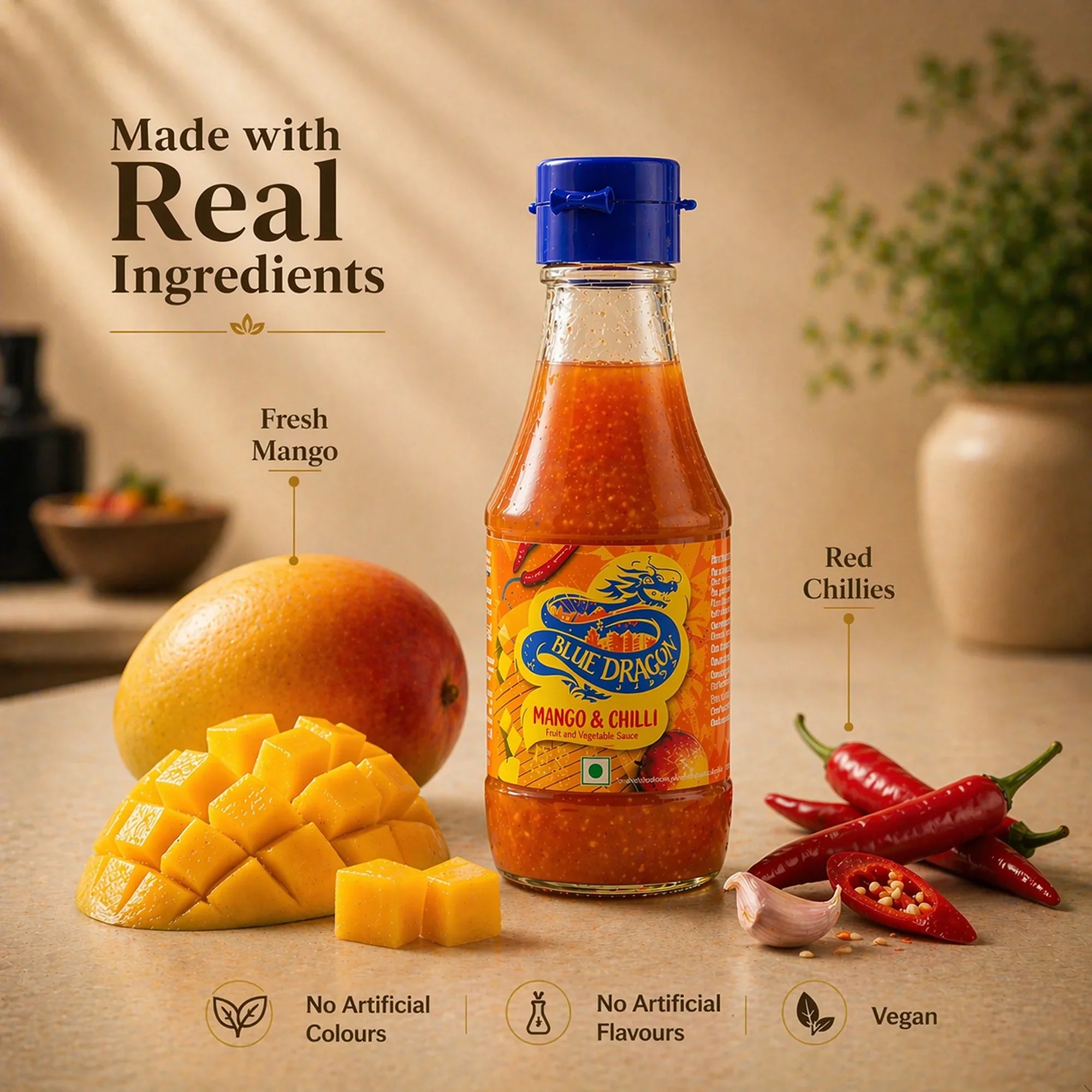 Bottle of Blue Dragon Mango & Chilli sauce with fresh mango cubes and red chillies on a kitchen counter