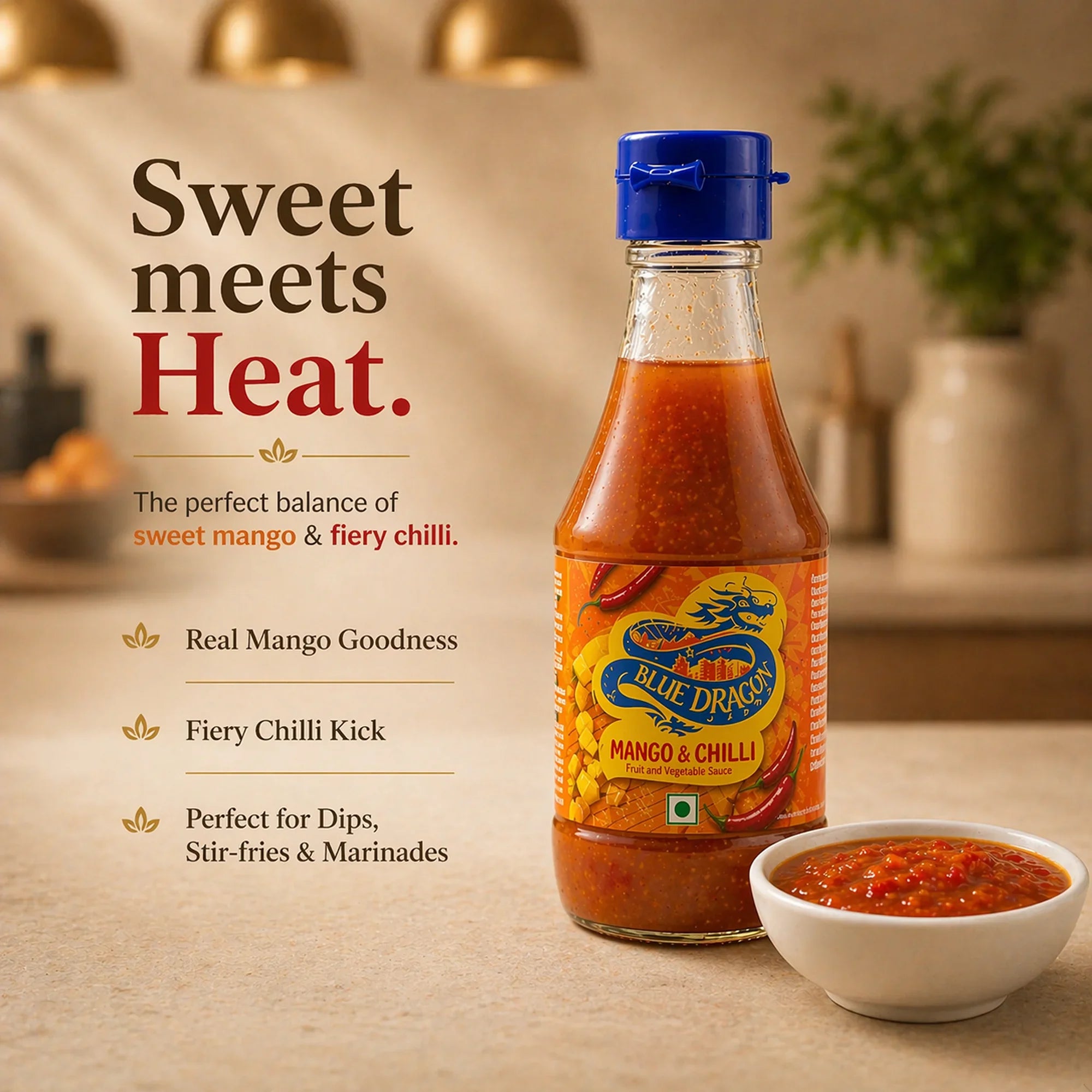 Mango and chilli sauce bottle with dip bowl, kitchen background, spicy sweet condiment
