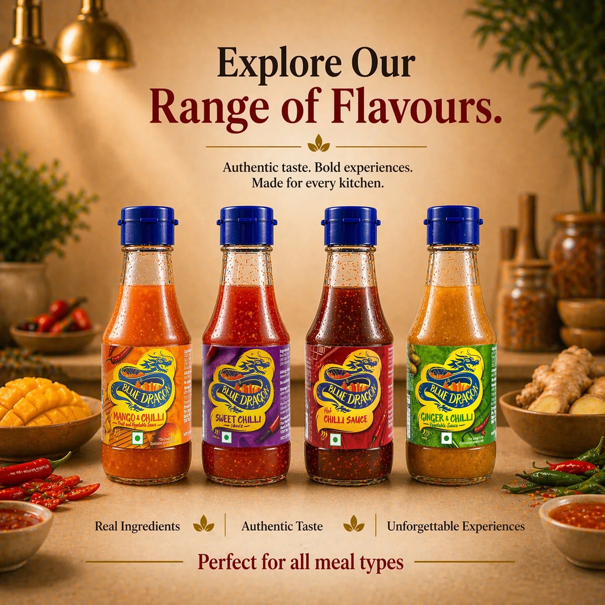 Four Blue Dragon sauce bottles—Mango Chilli, Sweet Chilli, Hot Chilli, Ginger Chilli—on kitchen counter with fresh ingredients.