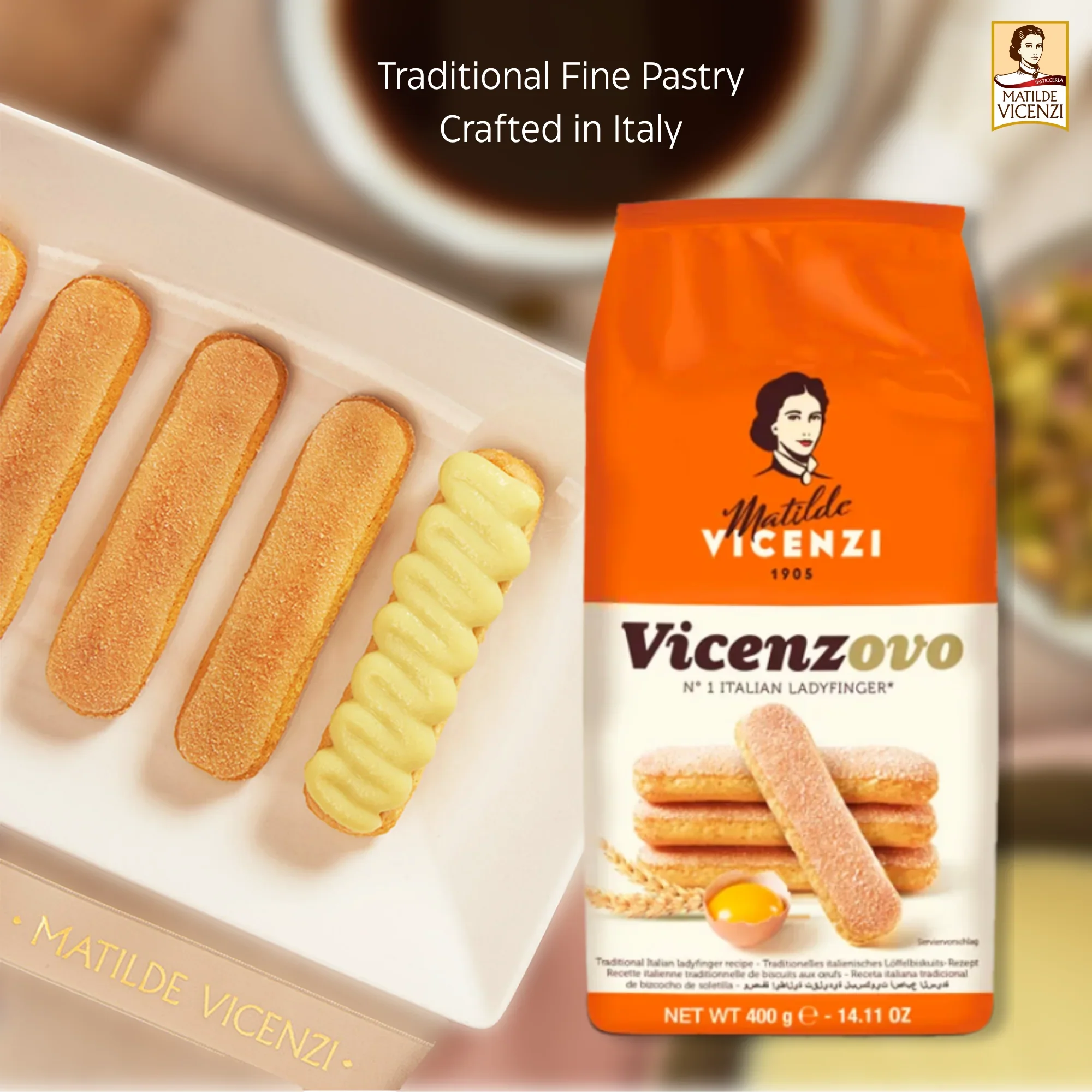 Vicenzovo Italian ladyfinger biscuits 400g pack with plate of ladyfingers and coffee
