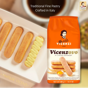 Vicenzovo Italian ladyfinger biscuits 400g pack with plate of ladyfingers and coffee