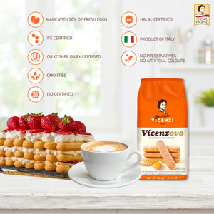 Vicenzovo Italian ladyfinger biscuits 400g pack beside tiramisu dessert and coffee cup