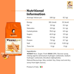 Matilde Vicenzi Vicenzovo Italian ladyfinger biscuits 400g pack with nutritional and ingredient info