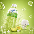 Mogu Mogu Melon Juice Drink with Nata-de-Coco, 320ml bottle, fresh melon slices, ice cubes, and cute character on green background