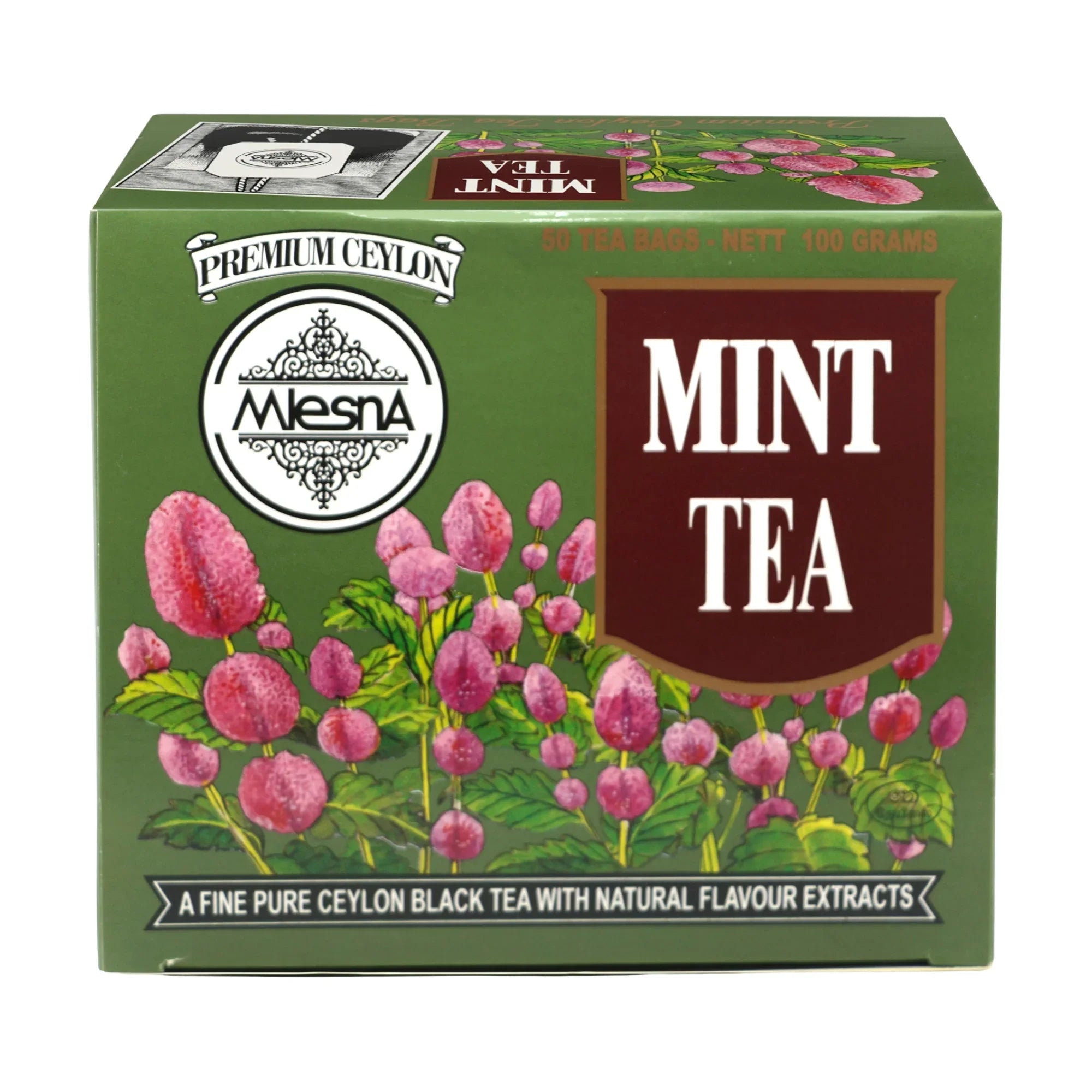 Green box of Ceylon mint tea with pink flowers, 100g, 50 tea bags, natural flavor extracts