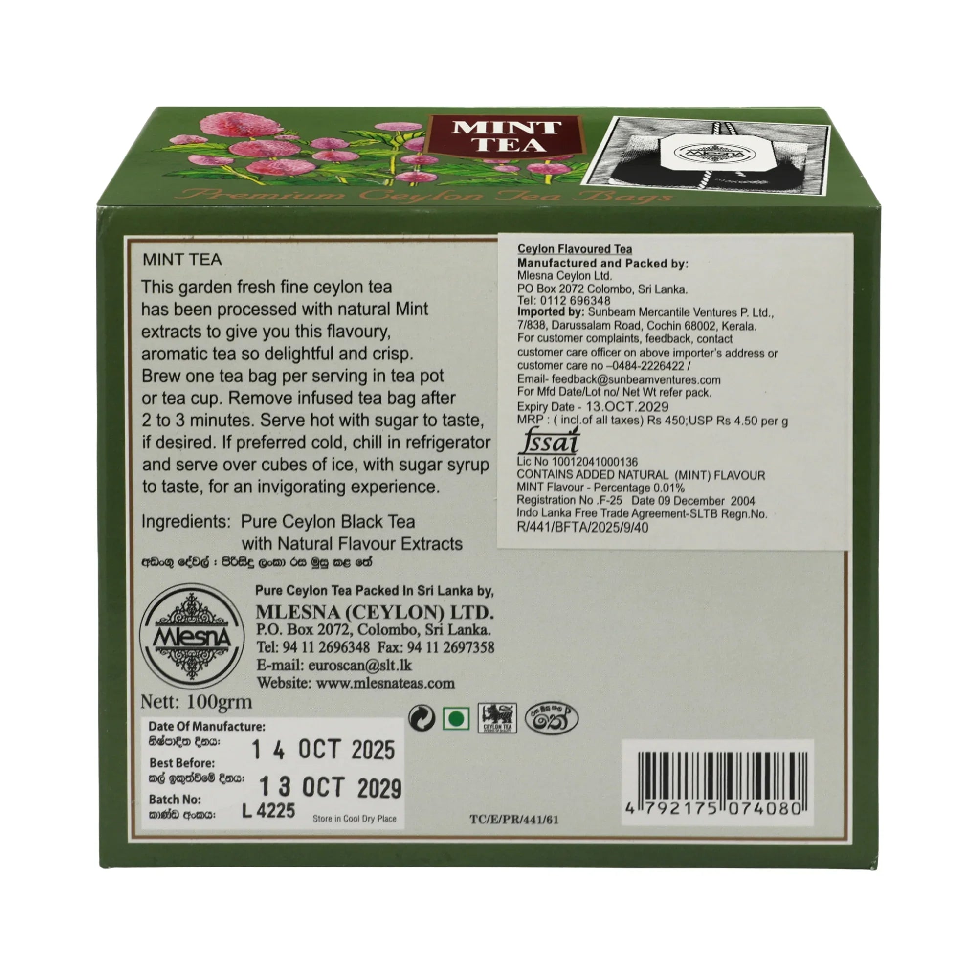Back of a 100g Ceylon mint tea box showing product details, ingredients, and brewing instructions