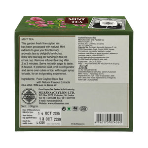 Back of a 100g Ceylon mint tea box showing product details, ingredients, and brewing instructions