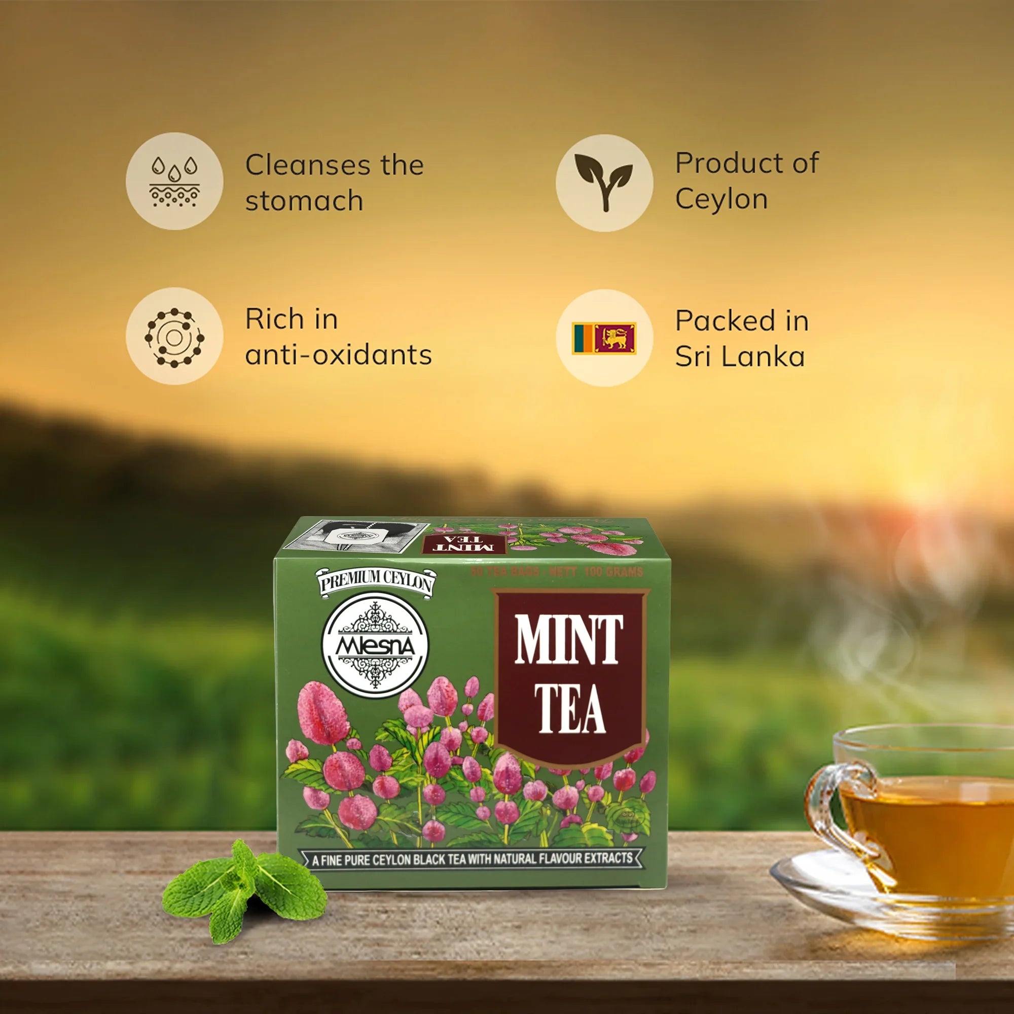 Ceylon mint tea box with mint leaves, glass cup of tea, and health benefits icons.
