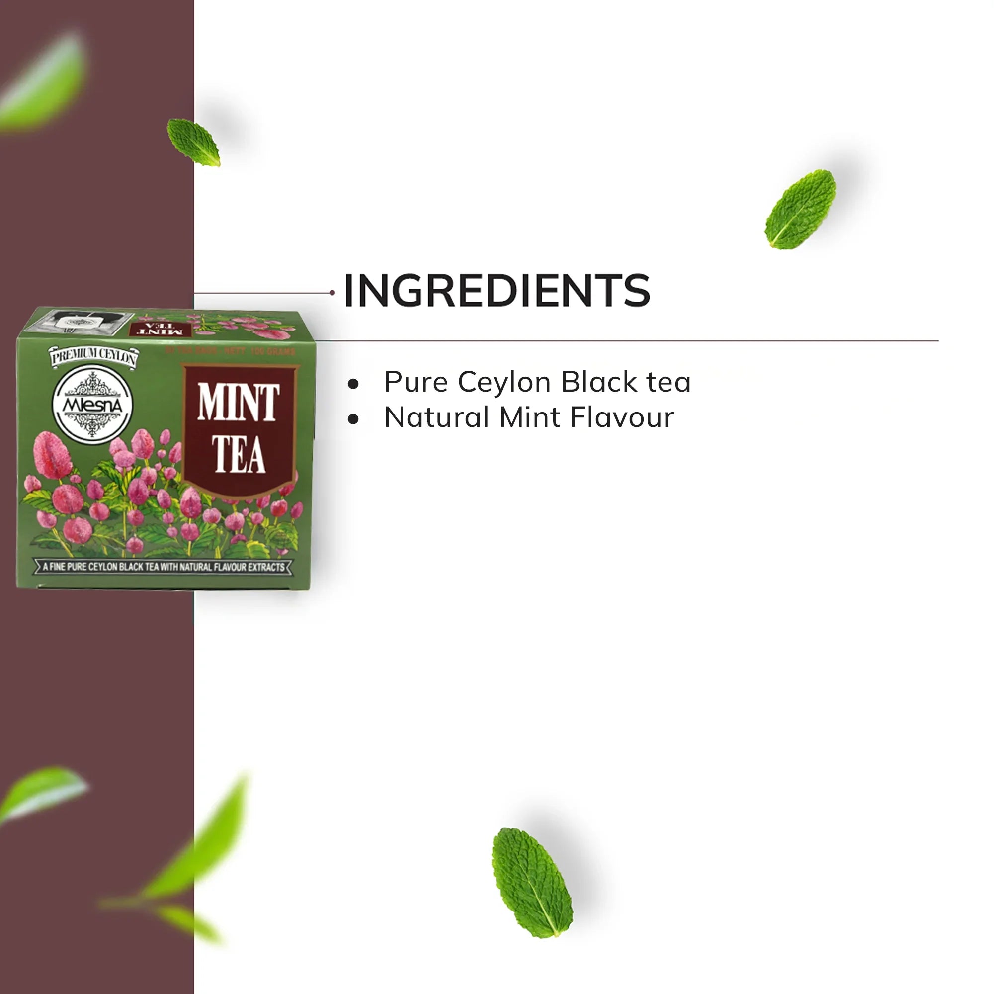 Mint tea box with floral design, mint leaves and ingredients list, Ceylon black tea