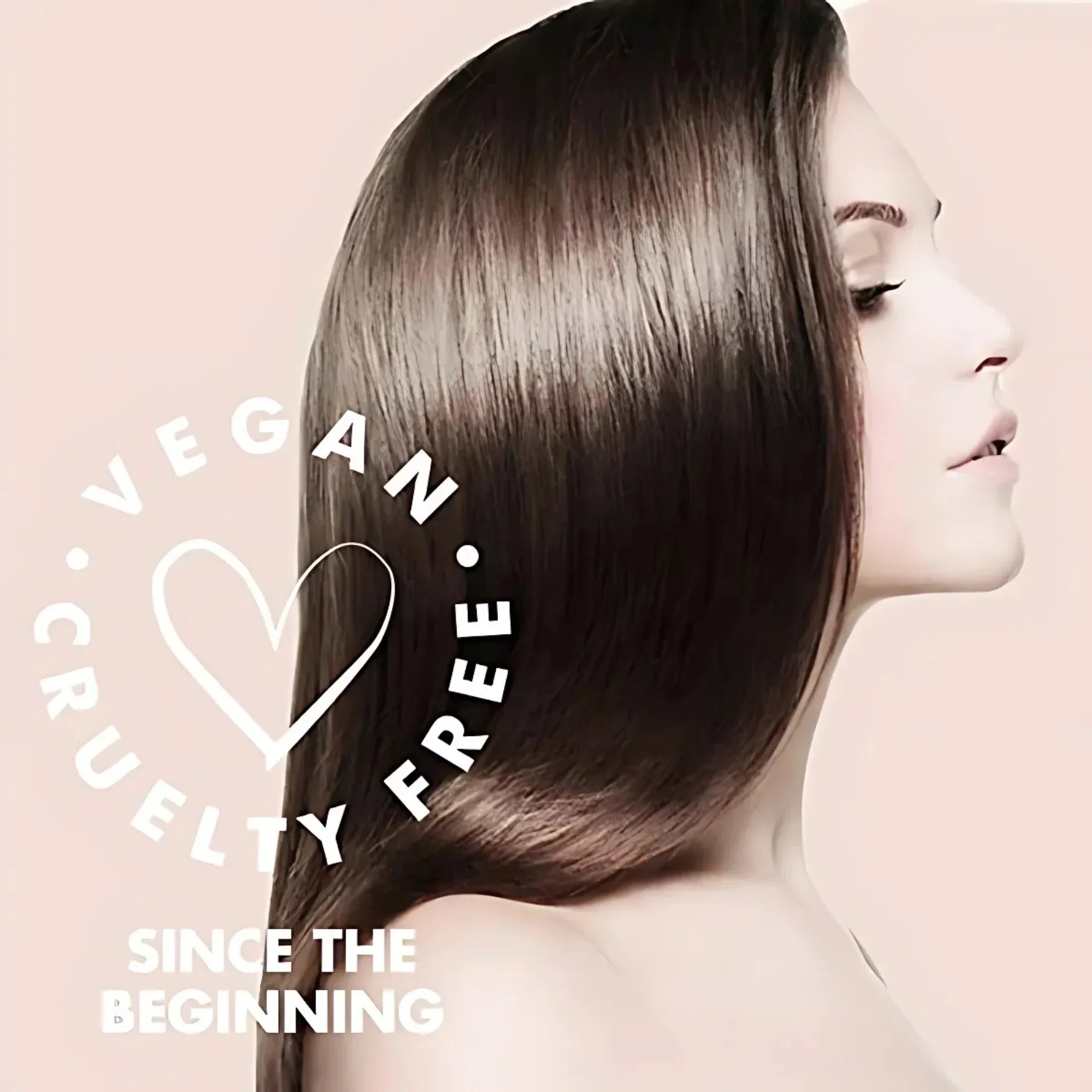 Profile of woman with smooth, shiny brown hair and text highlighting vegan, cruelty-free hair care