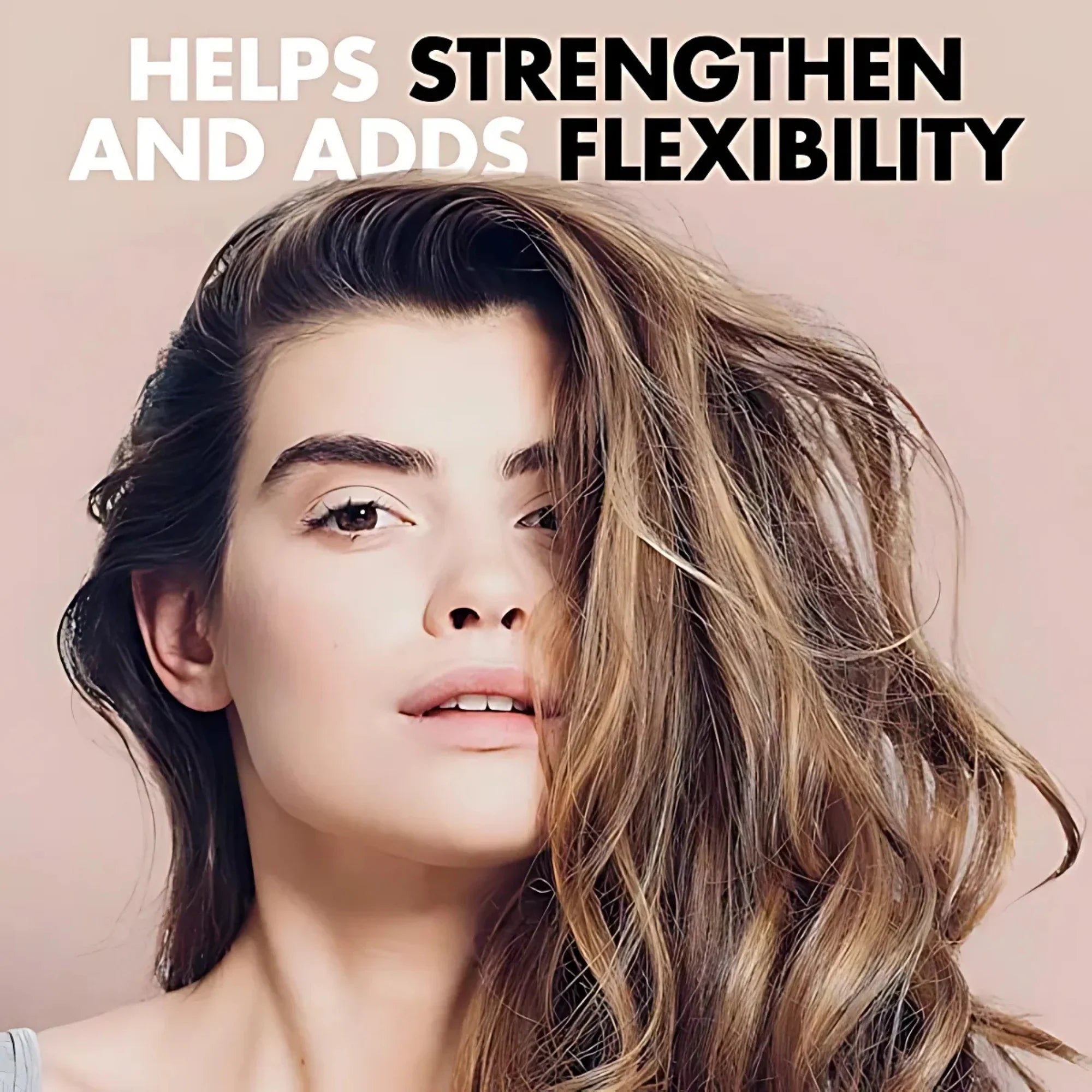 Close-up of woman with long, voluminous hair promoting hair strength and flexibility
