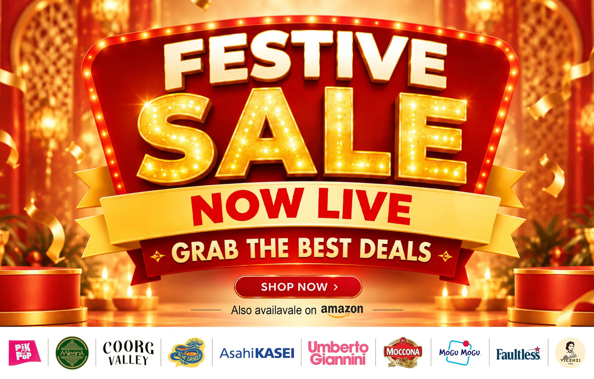 Festive Sale banner with gold illuminated text on a red background for premium gourmet brands.