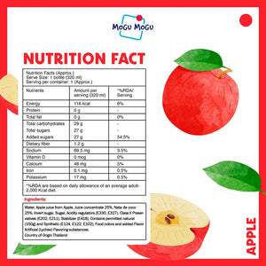 Mogu Mogu Apple drink nutrition facts and ingredients label with apple illustrations.