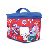 Colorful red and blue insulated lunch bag with Mogu Mogu character and playful graphics