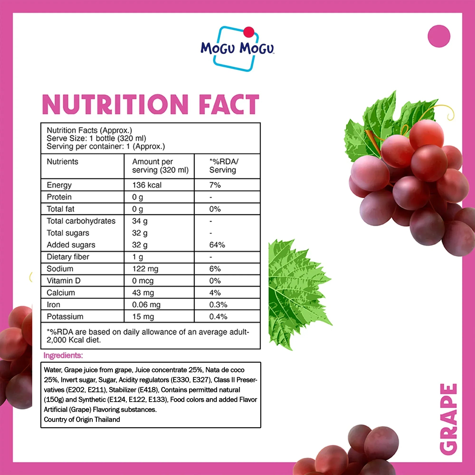Nutrition facts and ingredients for grape juice drink with grape illustration and purple border