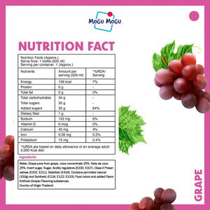 Nutrition facts and ingredients for grape juice drink with grape illustration and purple border