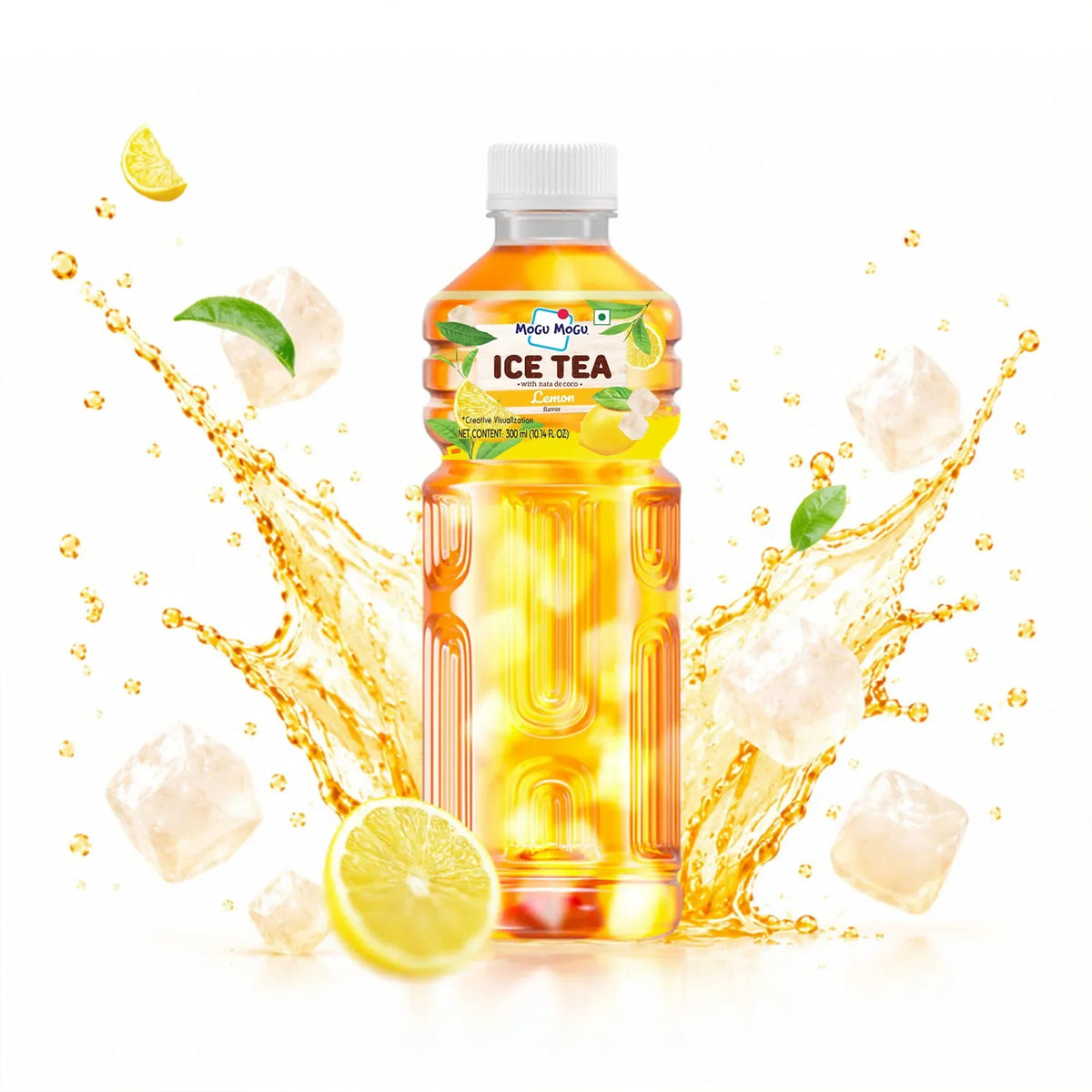 Mogu Mogu Lemon Ice Tea with nata de coco, refreshing drink with ice and lemon slices
