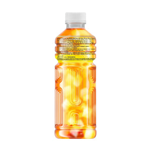 Lemon-flavored tea drink with Nata de Coco in clear plastic bottle, vibrant orange liquid, imported gourmet beverage