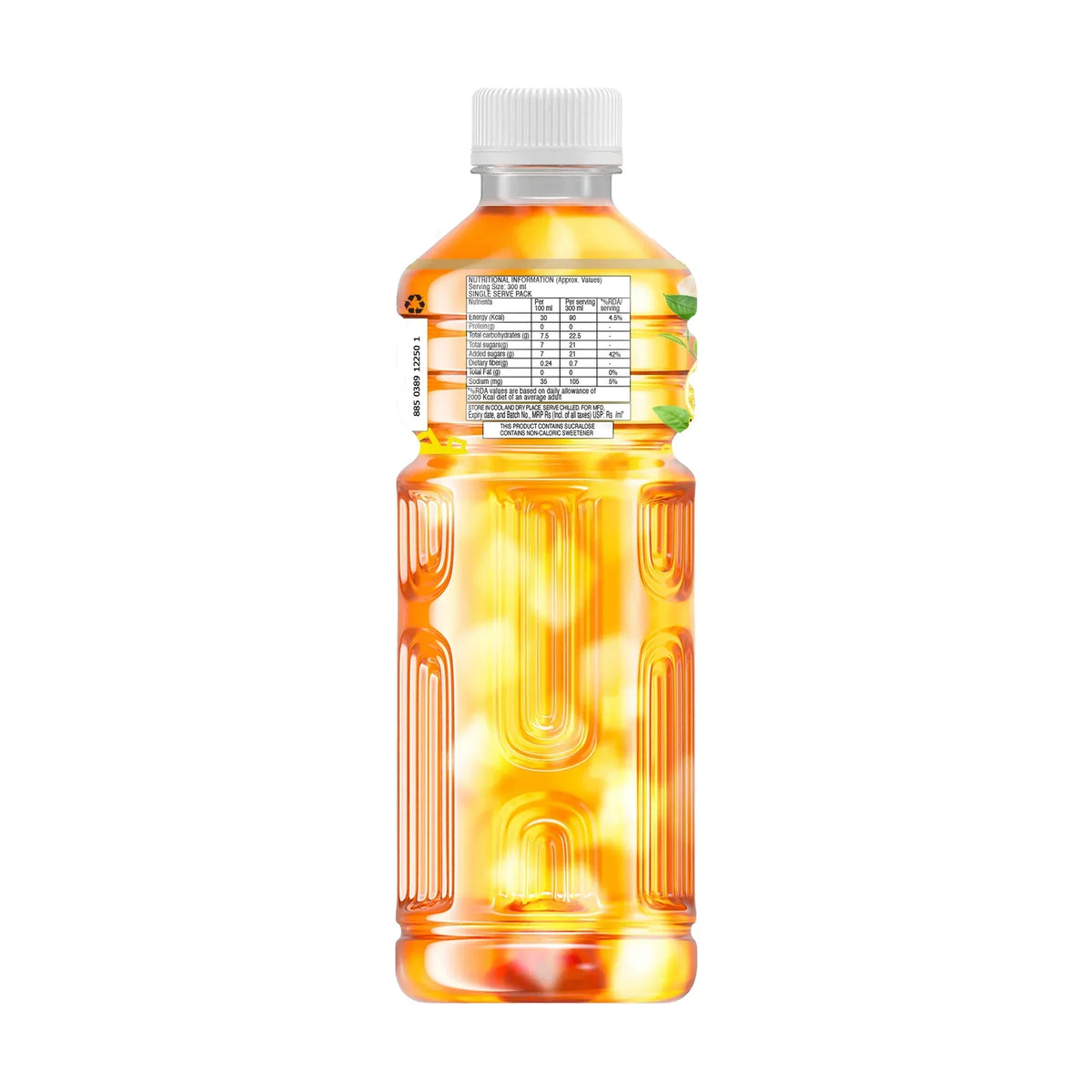 Clear plastic bottle with orange liquid, nutritional label, and green leaf design, showcasing a refreshing beverage.