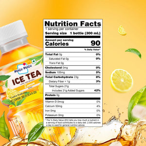 Mogu Mogu Lemon Ice Tea bottle with nutrition facts, 90 calories, 300ml, featuring nata de coco and fresh lemon slices.