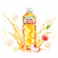 Peach-flavored ice tea with nata de coco, refreshing drink with ice cubes and fruit slices