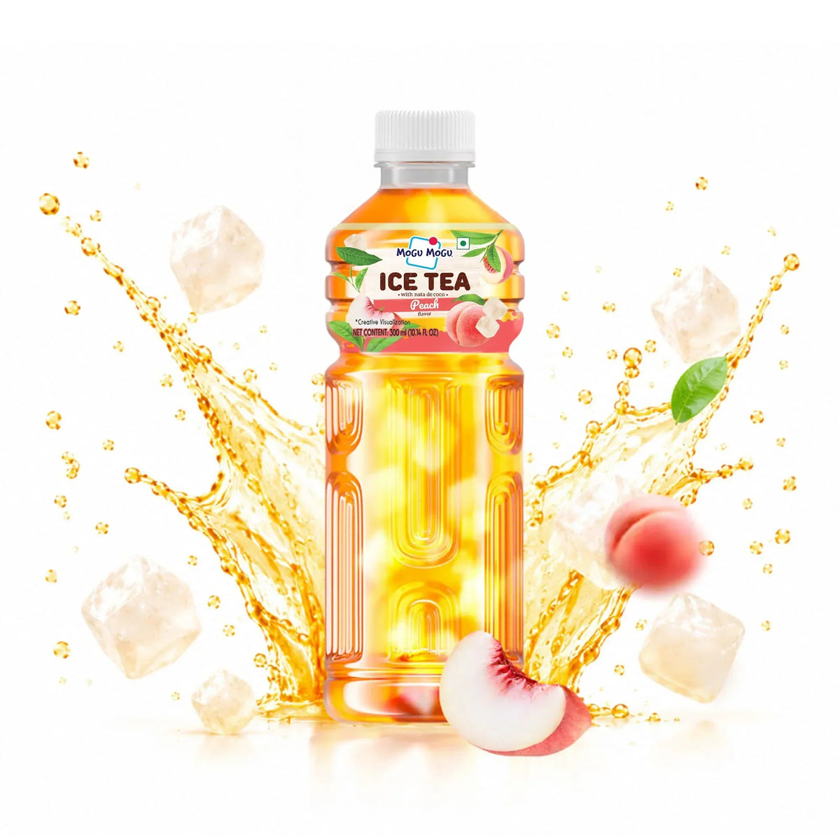 Peach-flavored ice tea with nata de coco, refreshing drink with ice cubes and fruit slices