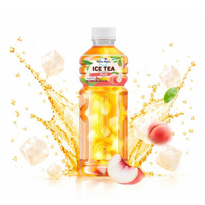 Peach-flavored ice tea with nata de coco, refreshing drink with ice cubes and fruit slices