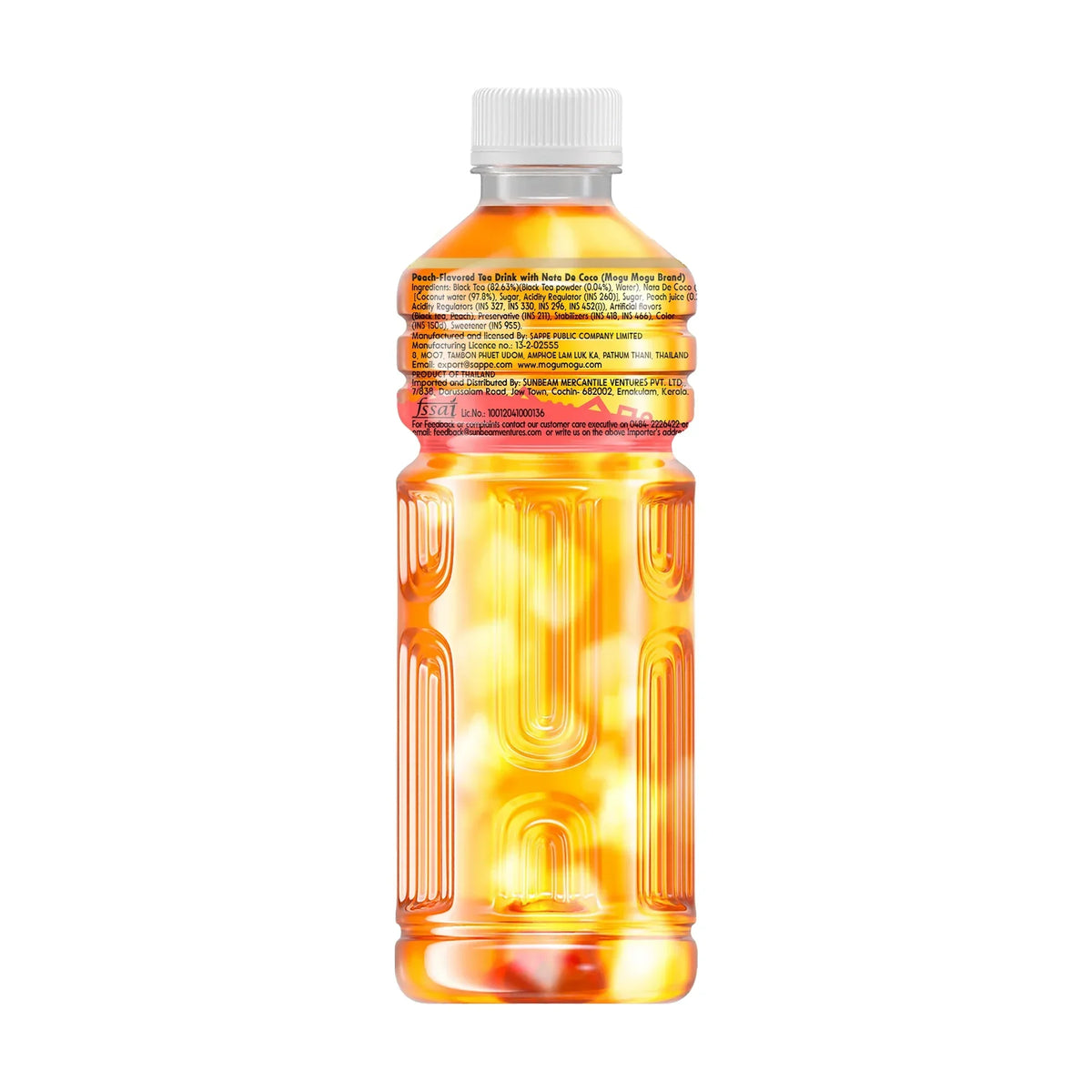 Peach-flavored tea drink with Nata De Coco in clear plastic bottle, imported gourmet beverage