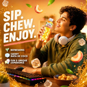 Man enjoying peach ice tea with chewy nata de coco, refreshing drink for fun experience
