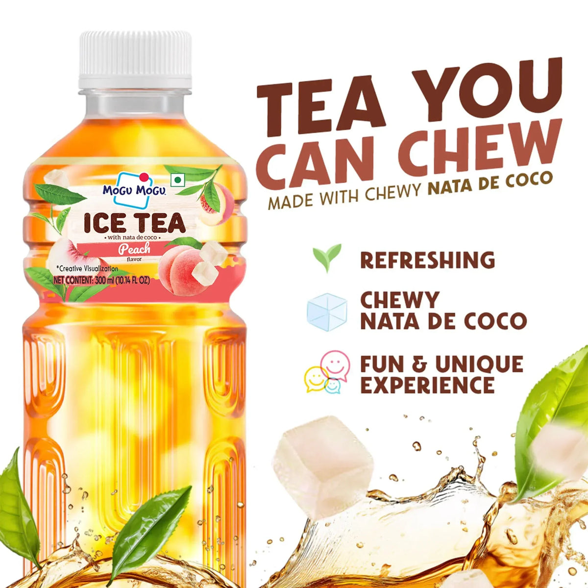Peach ice tea with chewy nata de coco, refreshing and fun unique experience in 300ml bottle