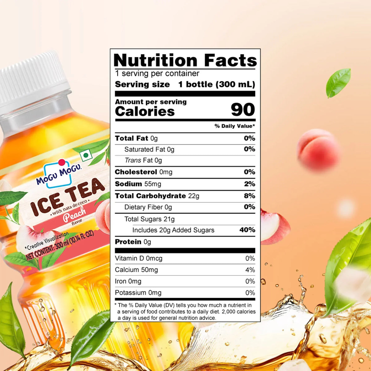 Peach ice tea bottle with nutrition facts label, 90 calories, 21g sugar, nata de coco, 300ml