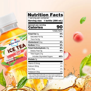 Peach ice tea bottle with nutrition facts label, 90 calories, 21g sugar, nata de coco, 300ml