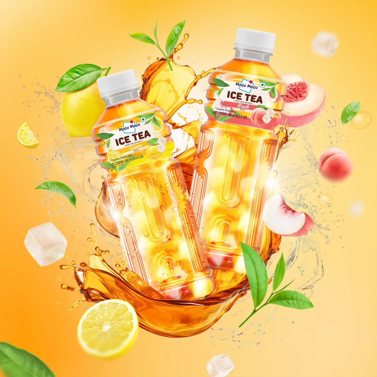 Mogu Mogu Ice Tea bottles with lemon & peach flavors, nata de coco, ice cubes, and fruit splashes on vibrant yellow background