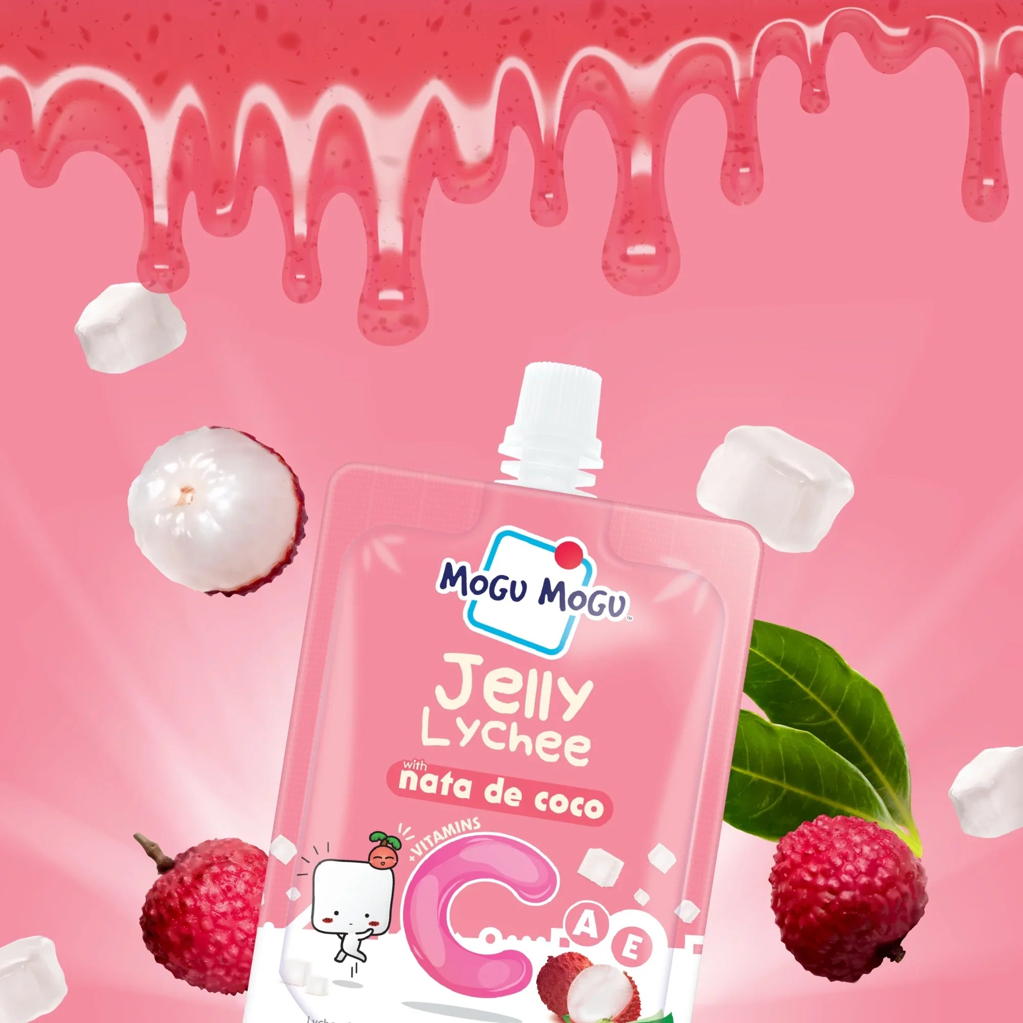 MoGU MoGU Jelly Lychee packaging on a pink background with lychees and marshmallows.