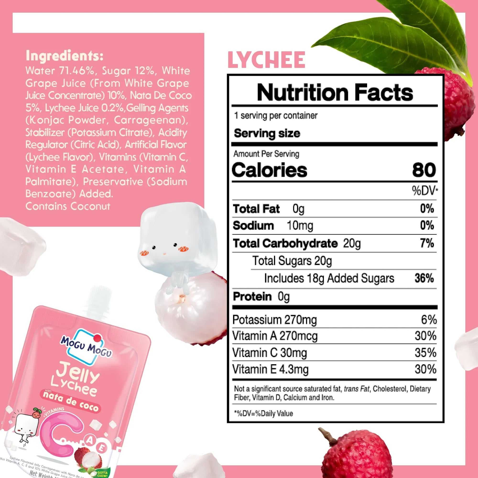 Mogu Mogu Lychee Jelly drink pouch with lychee fruit, nata de coco, and nutrition facts label