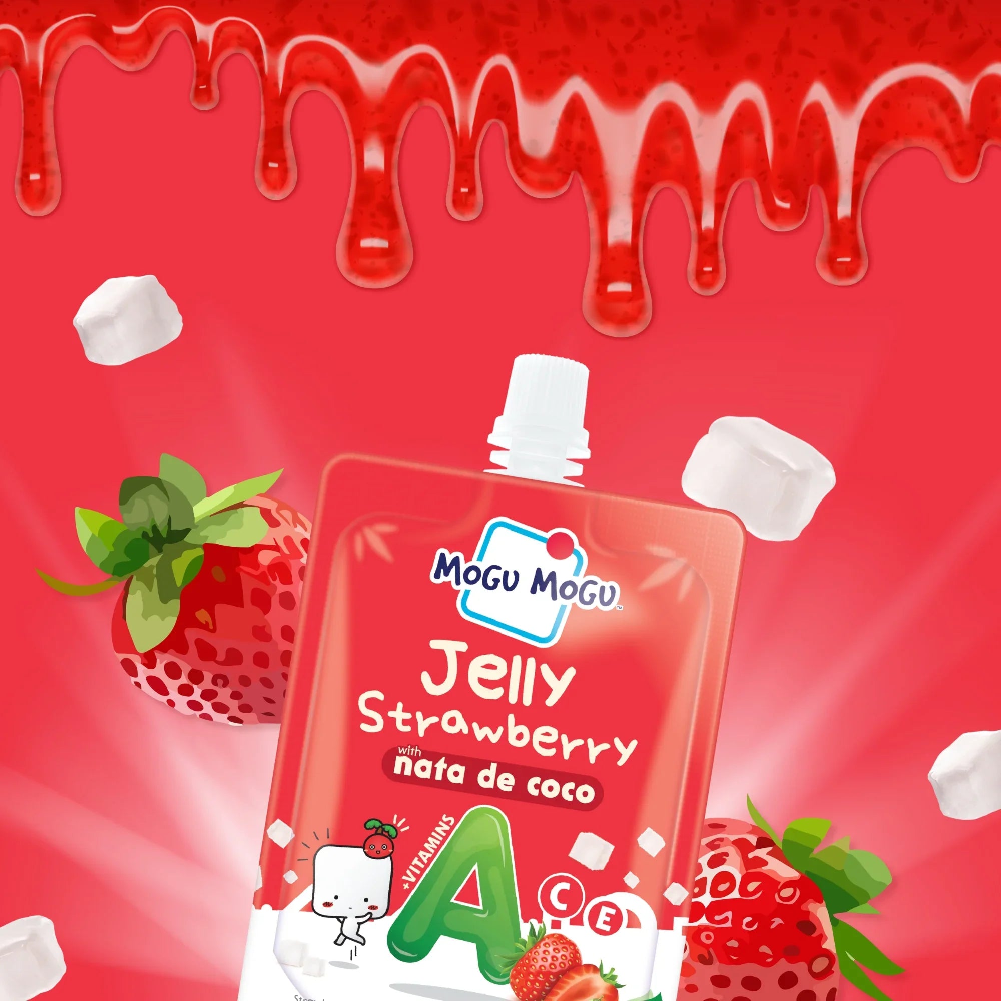 Mogu Mogu Strawberry Jelly packaging on a red background with strawberries and marshmallows.