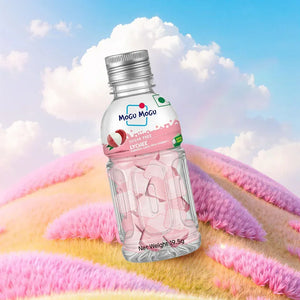 Mogu Mogu sugar free lychee flavored candy bottle with pink candy pieces in a pastel landscape
