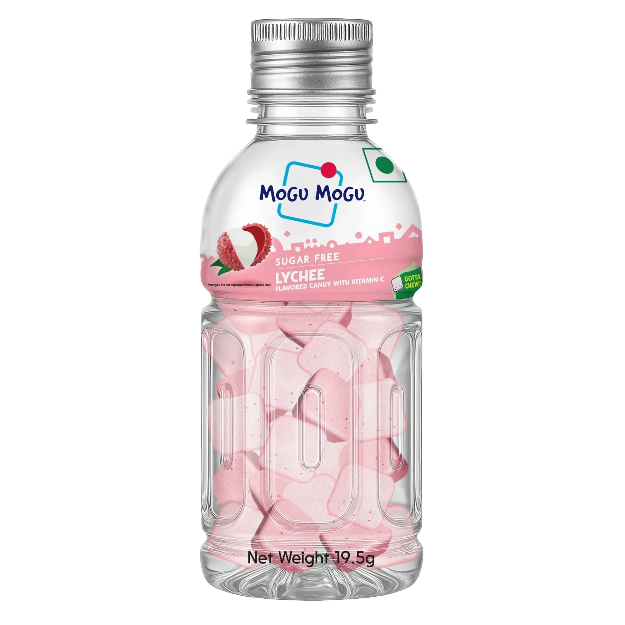 Mogu Mogu sugar free lychee flavored candy with vitamin C in a transparent bottle