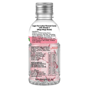 Back label of Mogu Mogu sugar free lychee flavored candy bottle with ingredients and product details