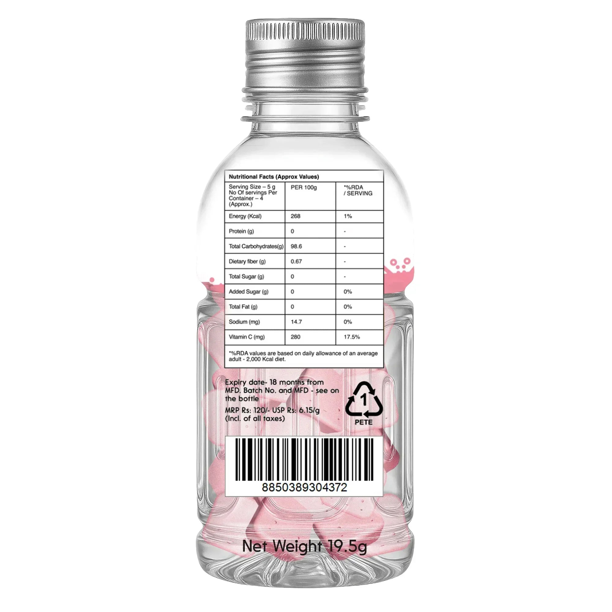 Back view of Mogu Mogu lychee candy bottle showing nutritional facts and barcode