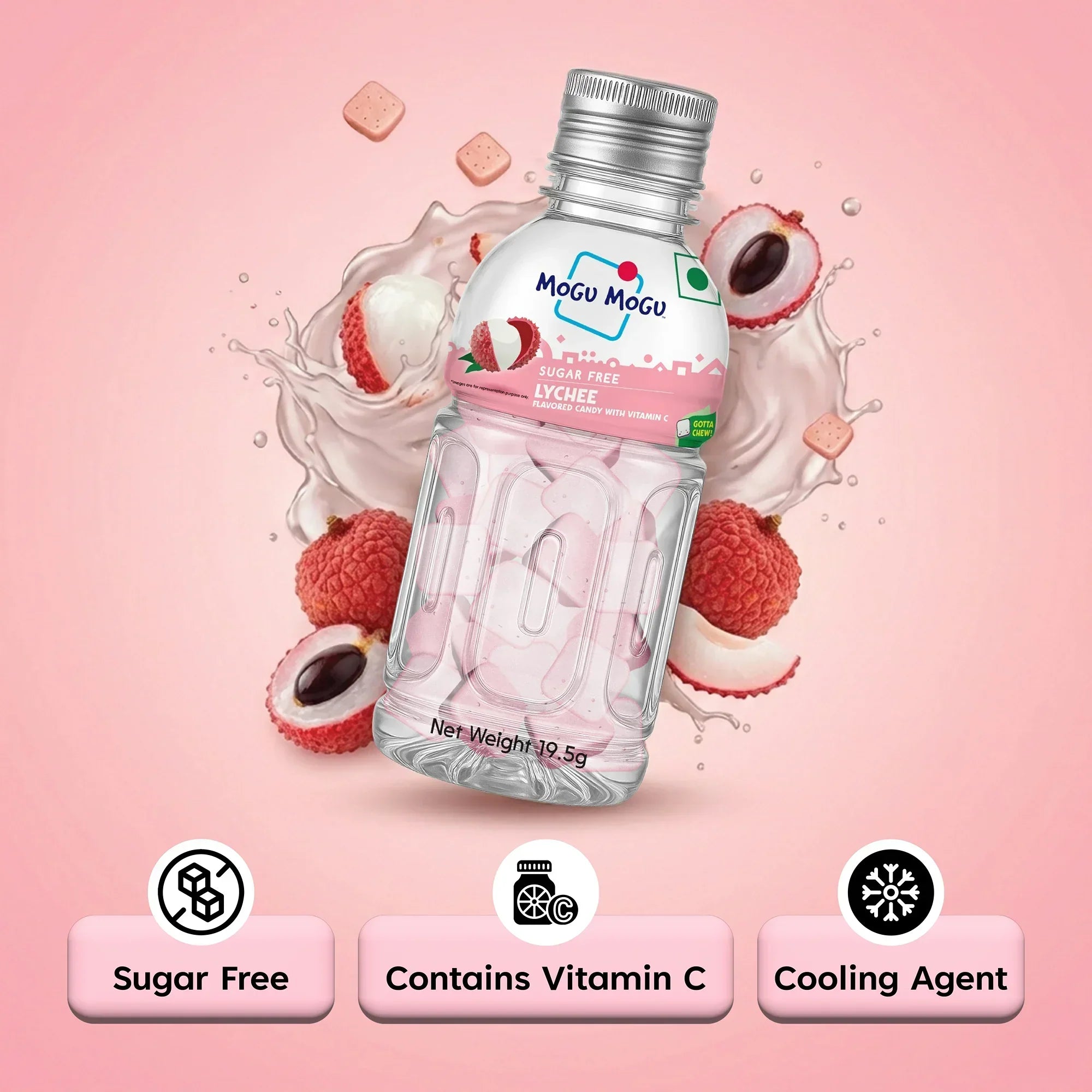 Mogu Mogu lychee flavored sugar free candy bottle with lychee fruit and product benefits on pink background