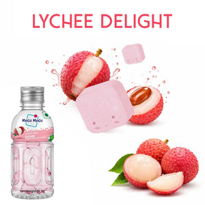 Lychee candy cubes and fresh lychee fruit with a lychee-flavored candy bottle, text reads Lychee Delight.