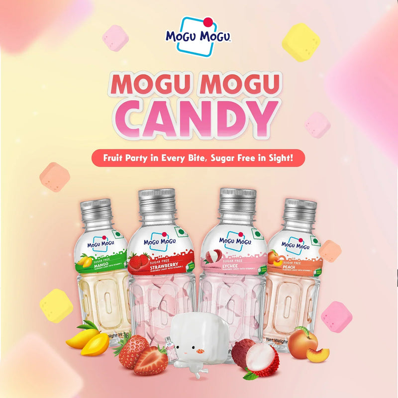 Mogu Mogu sugar free fruit candy bottles with mango, strawberry, lychee, and peach flavors and colorful candy pieces.