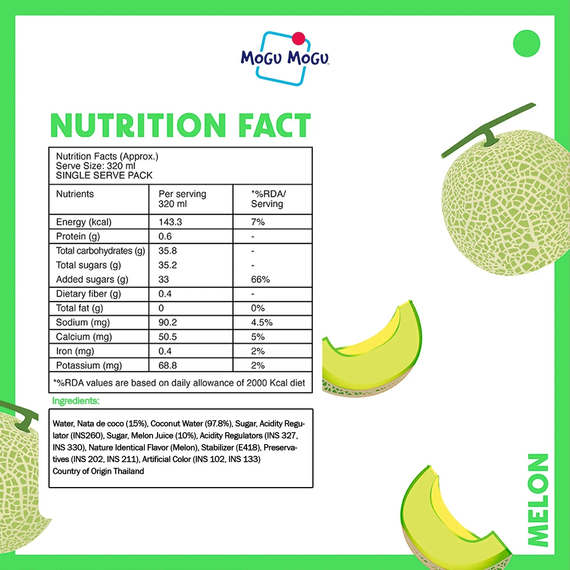 Mogu Mogu Melon drink nutrition facts with melon illustrations and ingredients list