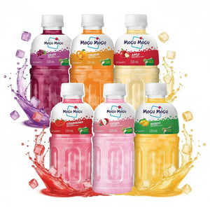 Assorted Mogu Mogu fruit drink bottles including grape, orange, apple, strawberry, lychee, and mango flavors with juice splashes and ice cubes.