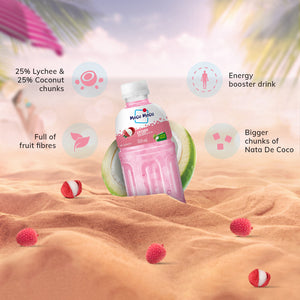 Pink energy booster drink bottle with text on a beach background