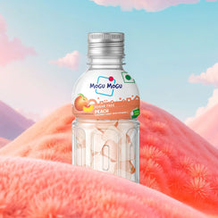 Mogu Mogu sugar free peach candy bottle with peach visuals and soft pastel background