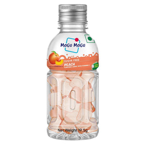 Mogu Mogu sugar free peach flavored candy with vitamin C in clear bottle packaging