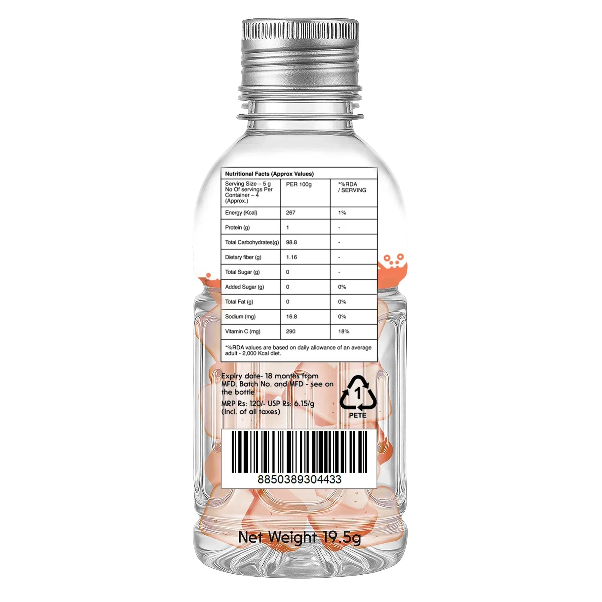 Clear plastic bottle of peach candy with nutritional facts label and barcode on the back.